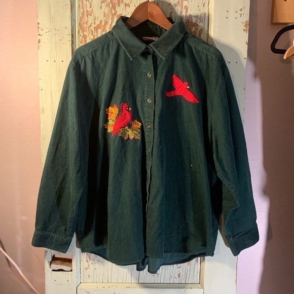 Bonworth forest green corduroy long sleeve button-up with cardinal patches - Picture 1 of 6